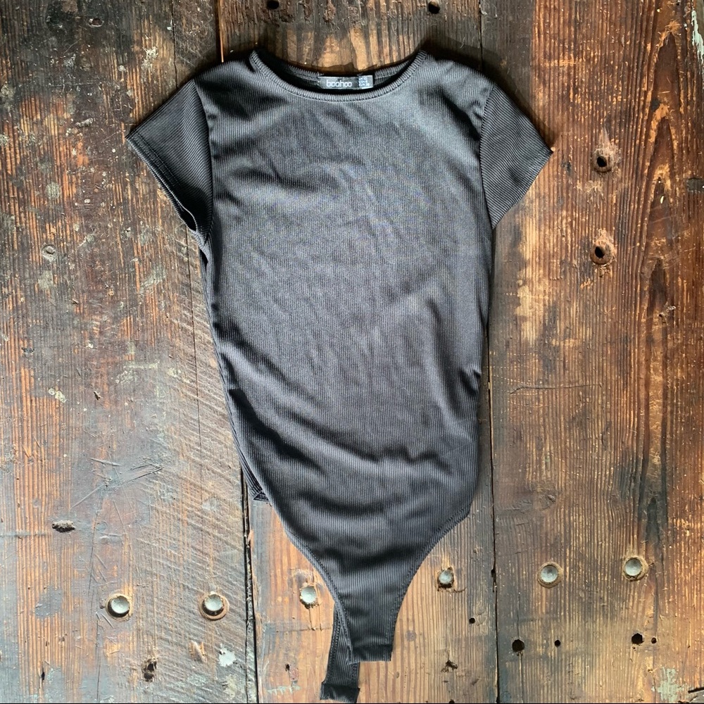 Make offer: Boohoo black ribbed semi sheer thong bodysuit size 6 petite Nwot